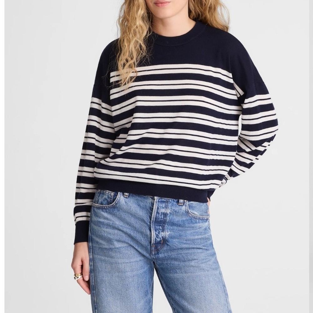 Madewell Drop Shoulder Merino Wool Crew Sweater Navy Blue White Stripe Medium